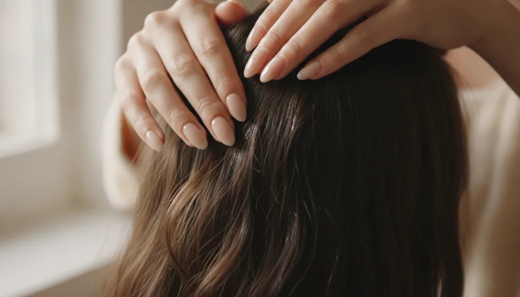 A person gently massaging red onion hair oil into their scalp showing a close-up of hands and healthy hair