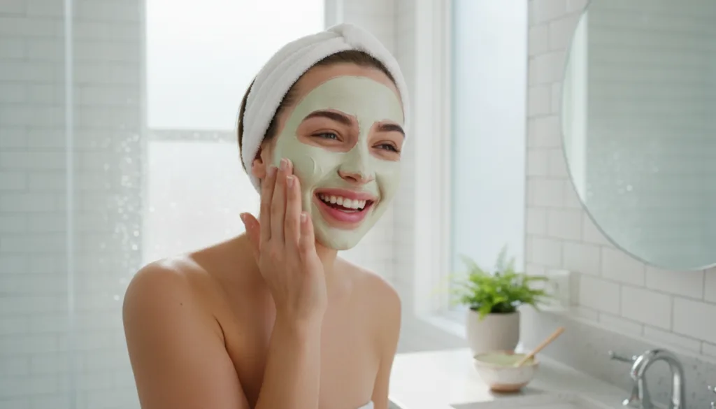 A woman gently applying a homemade face mask to her clean face in a brightly lit bathroom looking relaxed and happy