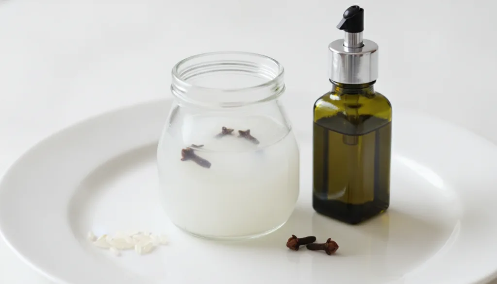 A small glass jar filled with rice water and a few whole cloves steeping next to a small bottle of olive oil on a white 