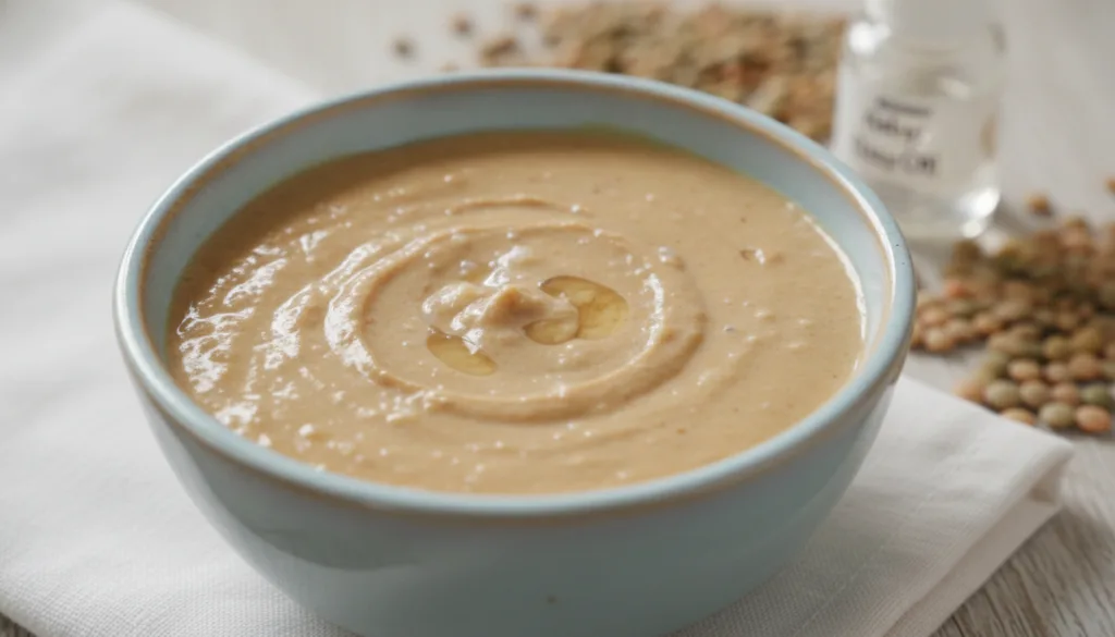 A small bowl containing a creamy light brown paste made from rice water baby oil and ground lentils ready for applicatio