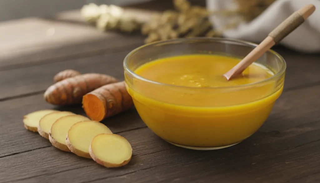 A small glass bowl with a vibrant yellow liquid mask made from rice water turmeric and ginger juice Fresh turmeric root 