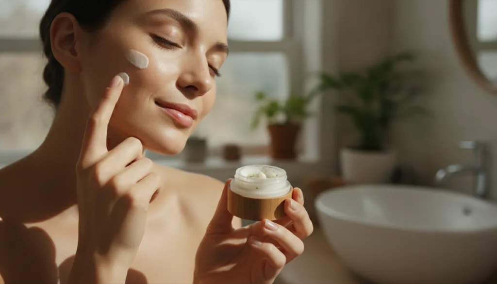 A person gently applying a small amount of homemade cream to their face with a subtle glow on their skin emphasizing a n