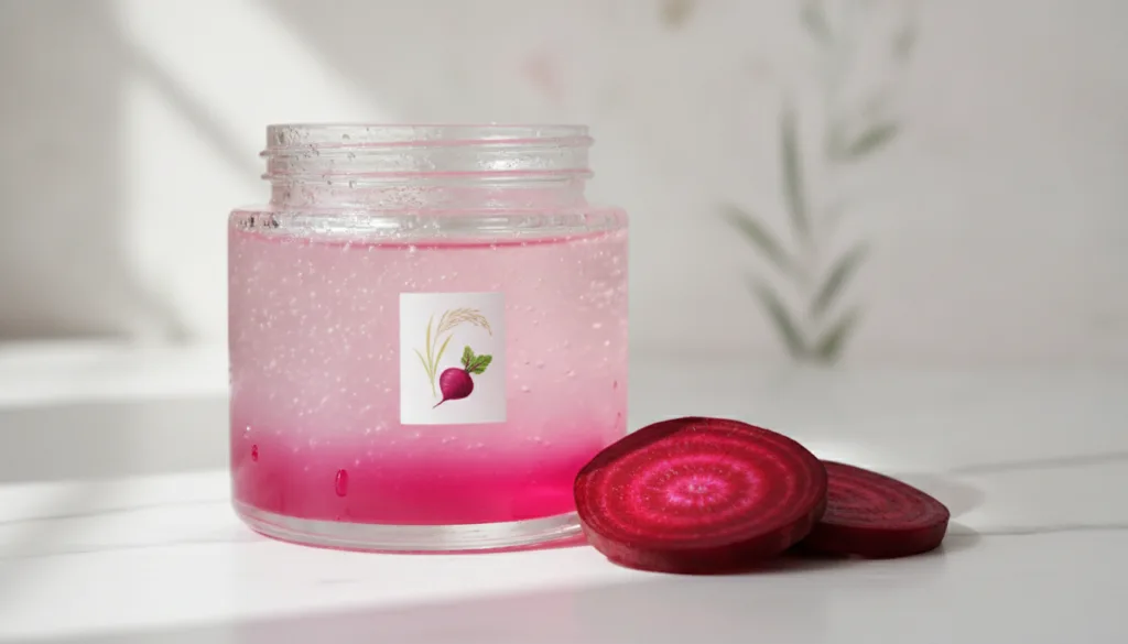 A glass jar of pink-tinged rice water mixed with beetroot juice alongside slices of fresh beetroot ready to be applied a