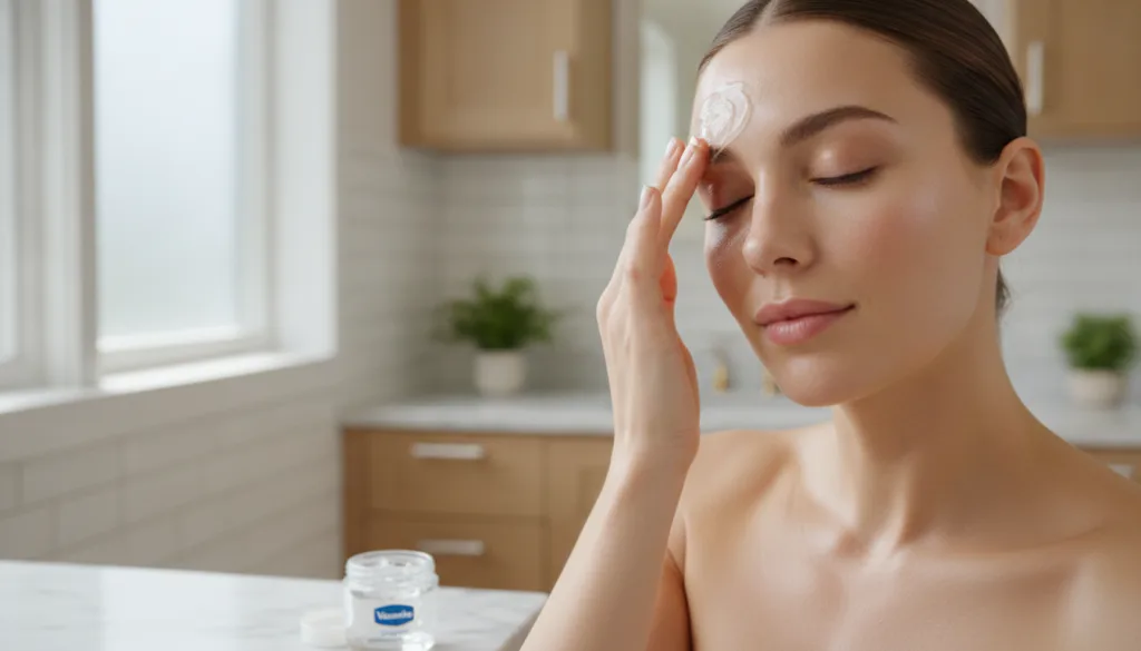 A woman gently massaging a thin layer of Vaseline onto her face focusing on areas like the forehead and around the eyes 