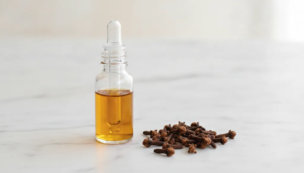 A small clear glass dropper bottle filled with amber-colored infused oil placed next to a small pile of whole dried clov