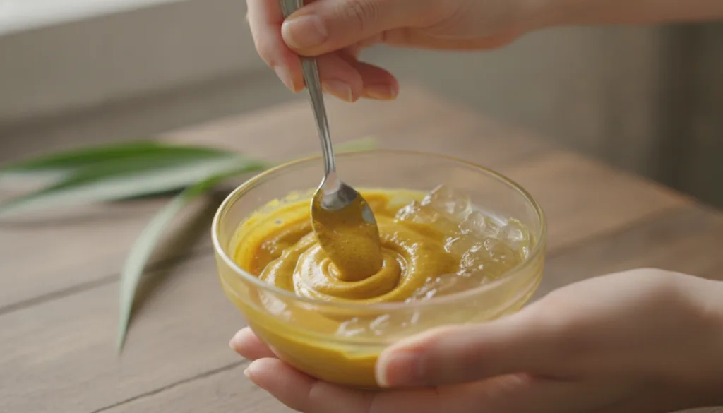Close-up shot of hands mixing turmeric coconut oil and aloe vera gel in a small bowl to form a smooth paste