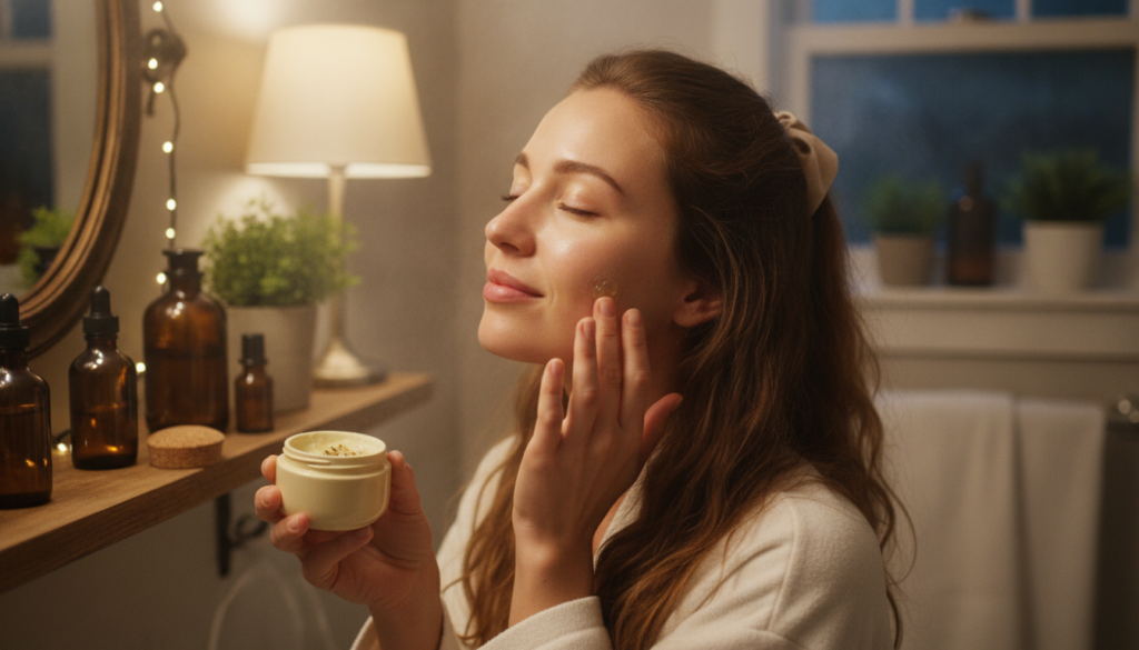 A woman gently applying a small amount of a homemade balm to her cheek with her fingertips demonstrating proper applicat