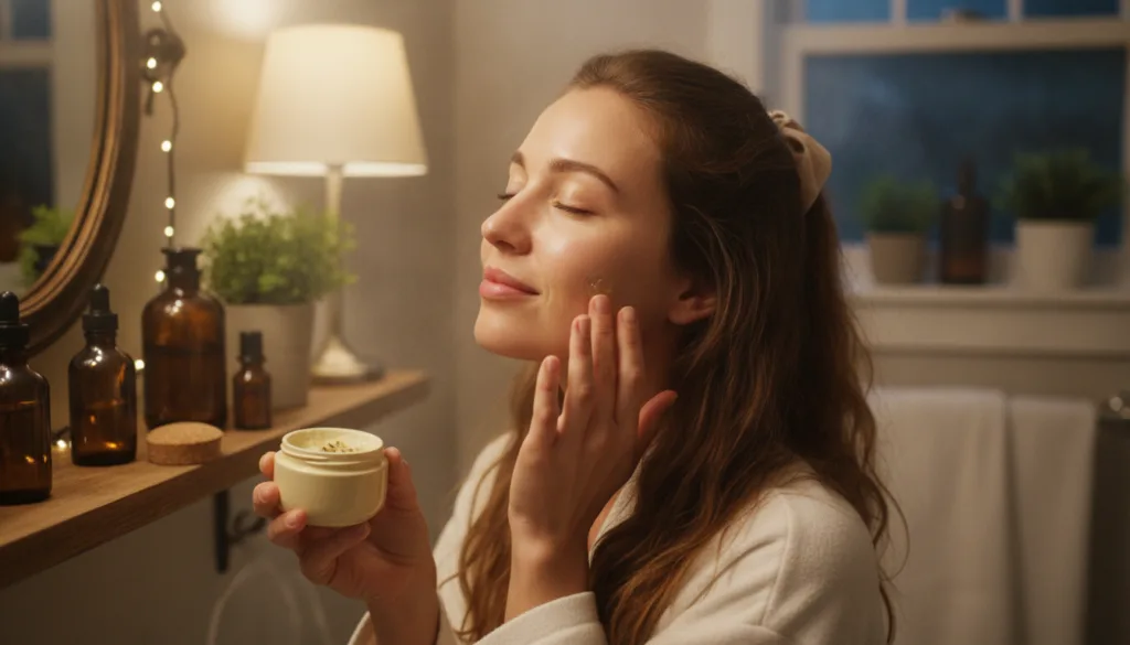 A woman gently applying a small amount of a homemade balm to her cheek with her fingertips demonstrating proper applicat