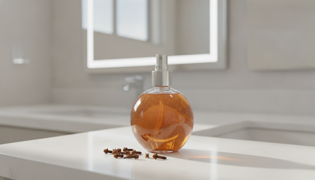A clear glass spray bottle filled with a light brown clove-infused liquid with a few whole cloves next to it on a clean 