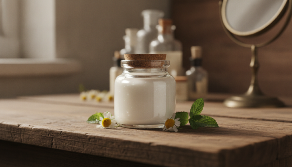 A small glass jar filled with the finished opaque Youth Glow Gel showing a smooth texture placed on a wooden vanity with
