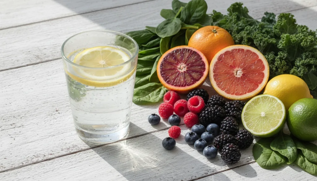A refreshing glass of water with lemon slices next to a bowl of fresh colorful fruits and vegetables symbolizing a healt