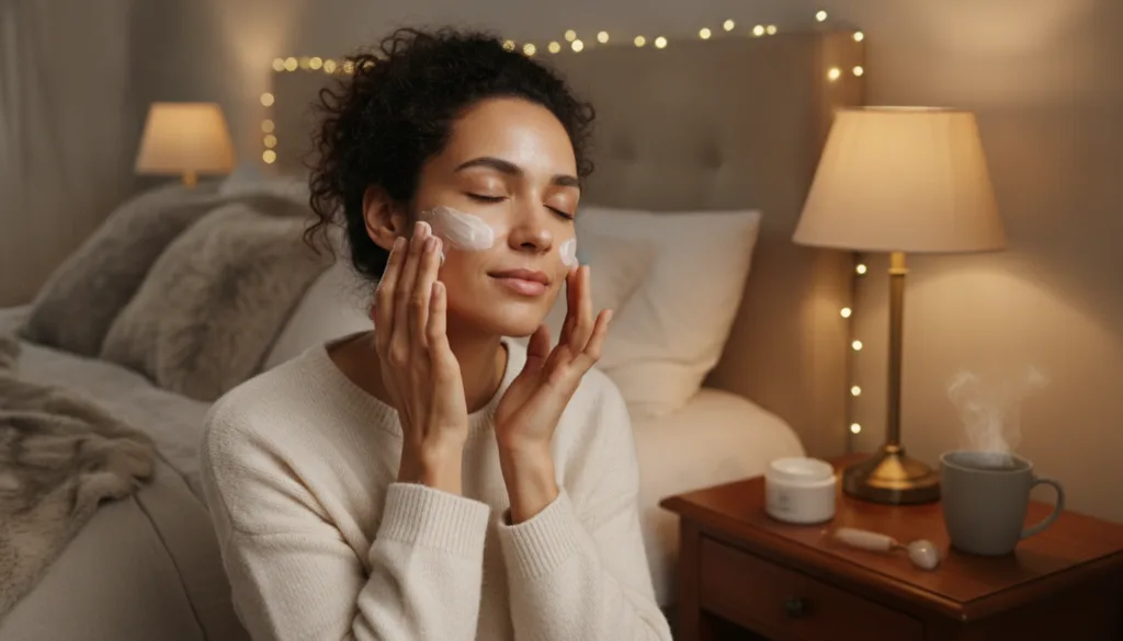 A woman gently massaging a cream into her face during her nighttime skincare routine with soft warm lighting