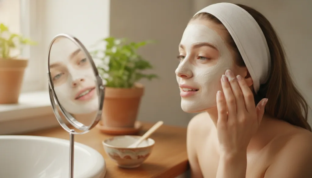 A woman gently applying a homemade face mask to her cheek looking into a mirror with a soft smile conveying a sense of s