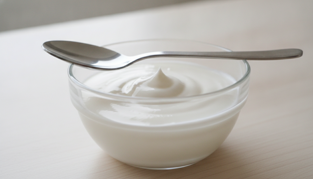 A close-up of a small glass bowl containing a smooth white mixture of Vaseline and baking soda with a mixing spoon resti