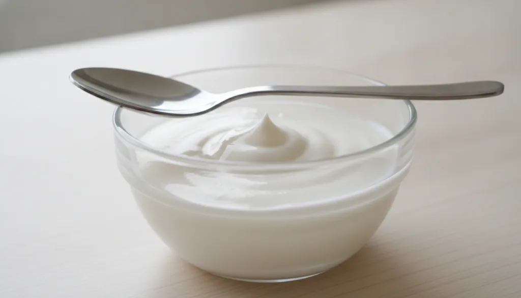A close-up of a small glass bowl containing a smooth white mixture of Vaseline and baking soda with a mixing spoon resti