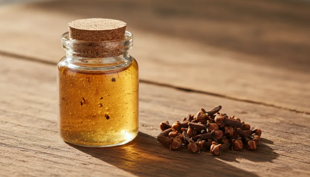 A small clear glass jar filled with freshly made slightly translucent golden clove gel with a few visible ground clove p