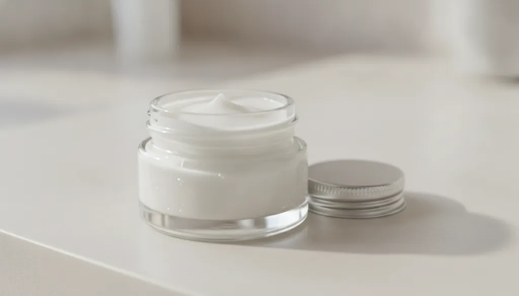 A small clear glass jar containing a smooth white homemade balm of Vaseline and finely crushed alum stone ready for use 