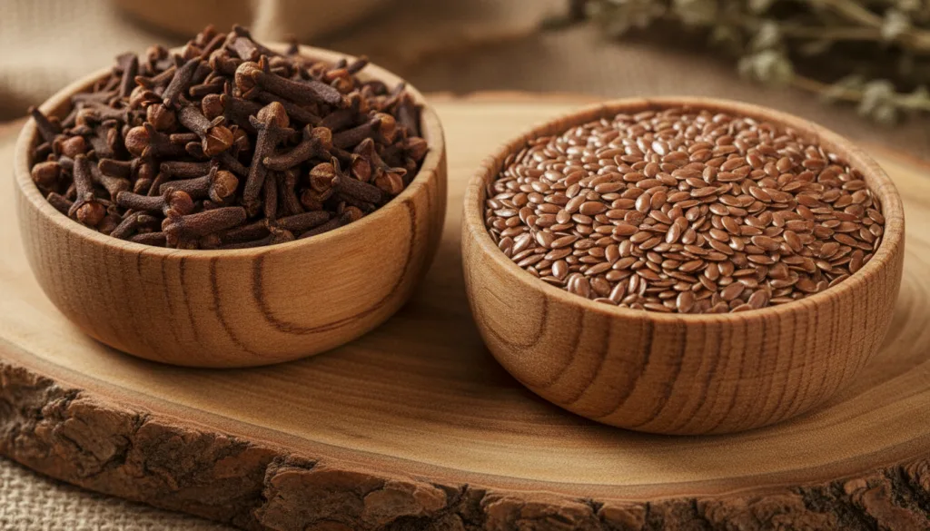 A close-up of whole dried cloves and flaxseeds in separate small wooden bowls ready for a DIY skincare recipe Ingredient