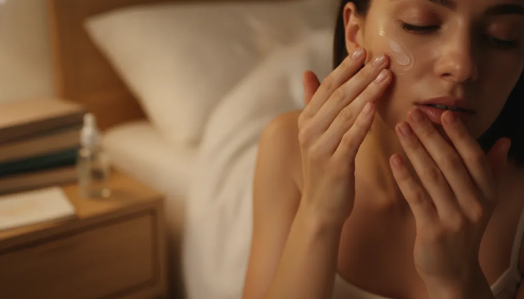 A person applying a clear gel to their face at night with gentle focused hands The background is a soft warm bedroom set