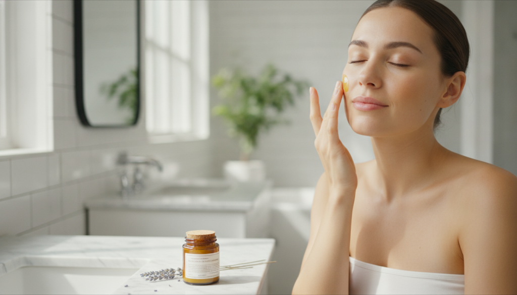 A woman gently applying the homemade Vaseline and Vitamin E balm to her face looking content and radiant in a soft brigh