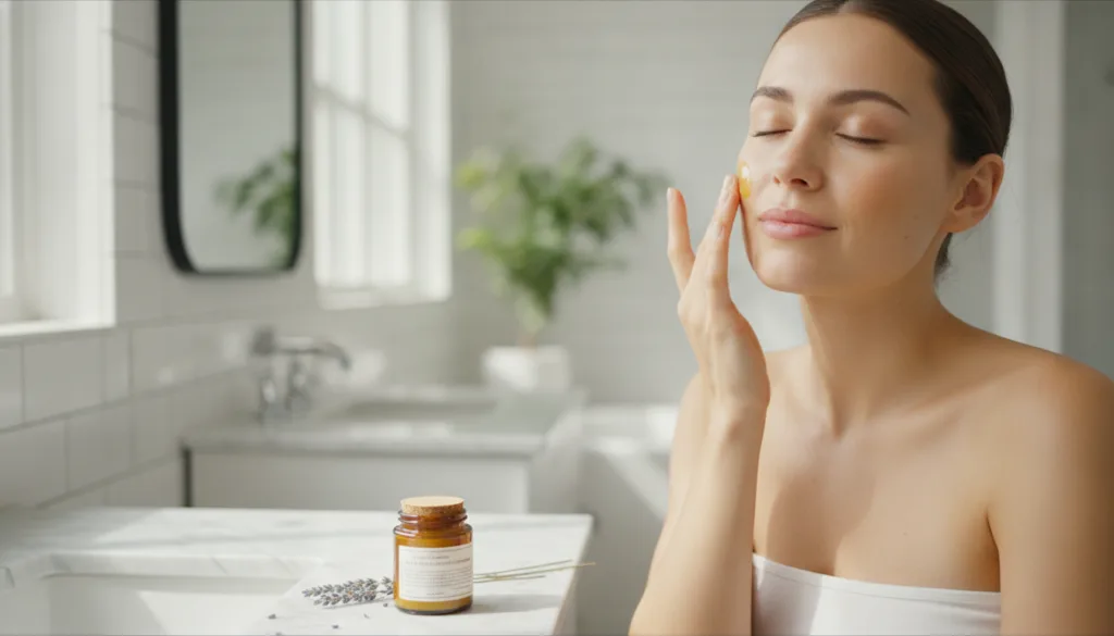 A woman gently applying the homemade Vaseline and Vitamin E balm to her face looking content and radiant in a soft brigh