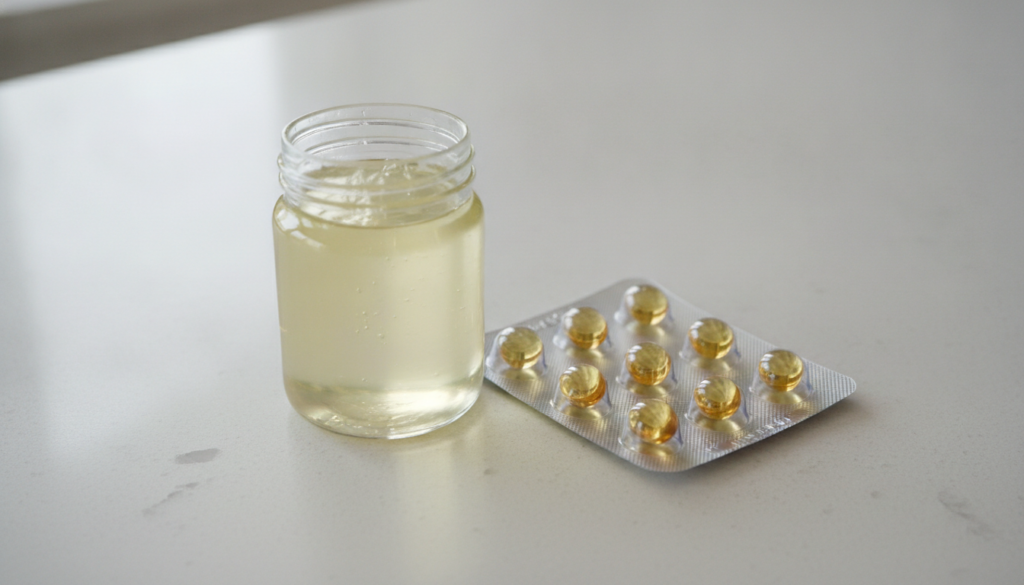 A close-up of a jar of Vaseline Original Healing Jelly next to a blister pack of golden liquid Vitamin E capsules