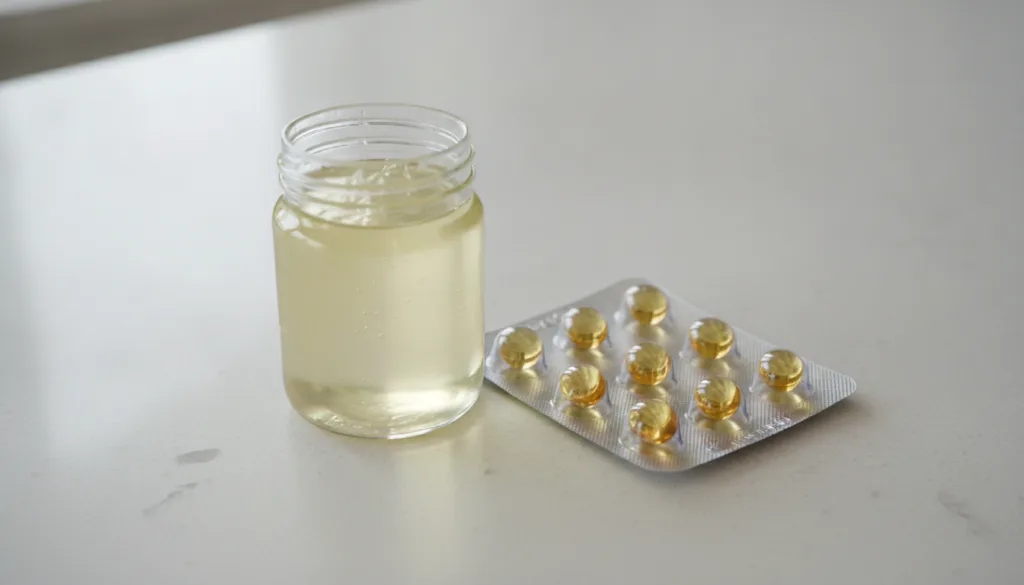 A close-up of a jar of Vaseline Original Healing Jelly next to a blister pack of golden liquid Vitamin E capsules