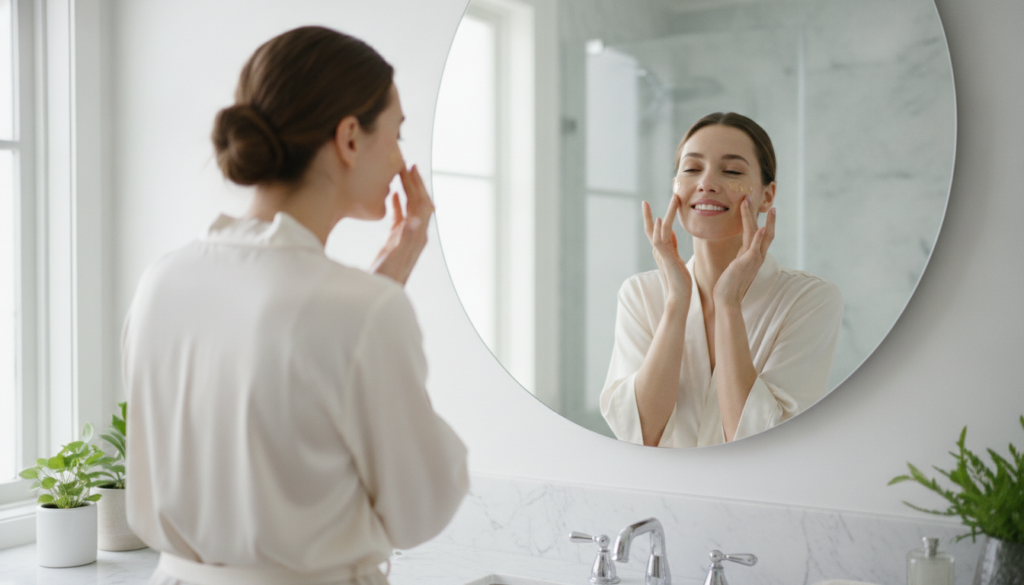 A woman smiling looking at her reflection in a mirror gently patting her face with her hands indicating the application 