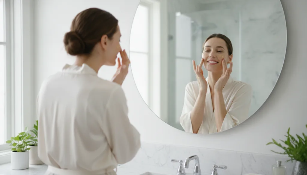 A woman smiling looking at her reflection in a mirror gently patting her face with her hands indicating the application 