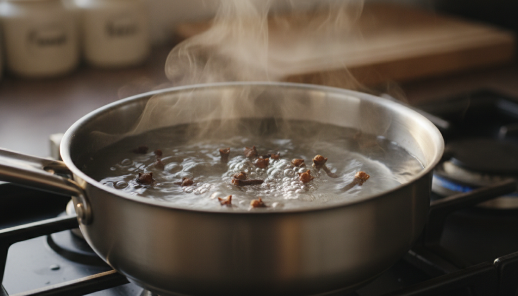 Close-up shot of a small saucepan on a stovetop with whole cloves simmering gently in water creating a light steam