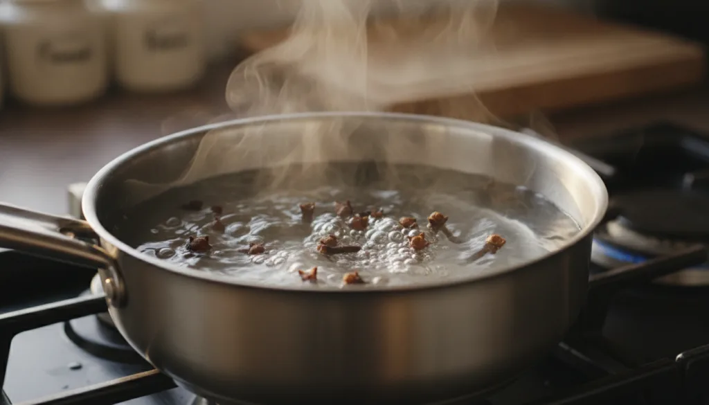 Close-up shot of a small saucepan on a stovetop with whole cloves simmering gently in water creating a light steam