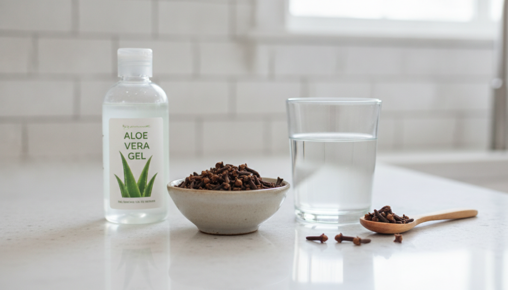 Ingredients for homemade clove gel a small bowl of whole cloves a bottle of aloe vera gel a measuring cup of distilled w