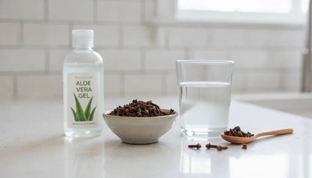 Ingredients for homemade clove gel a small bowl of whole cloves a bottle of aloe vera gel a measuring cup of distilled w