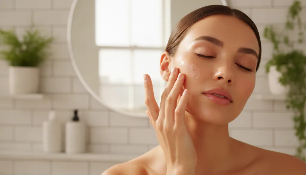 A person s hand gently applying a thin layer of petroleum jelly to their cheek or forehead showing glowing hydrated skin