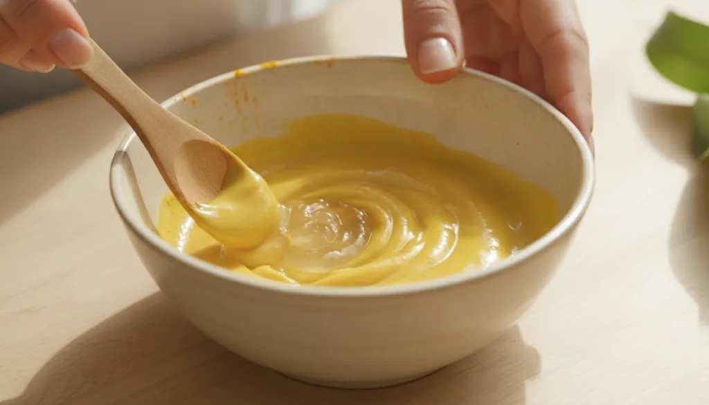 Close-up of hands mixing turmeric aloe vera gel and coconut oil in a small bowl to form a smooth yellow paste