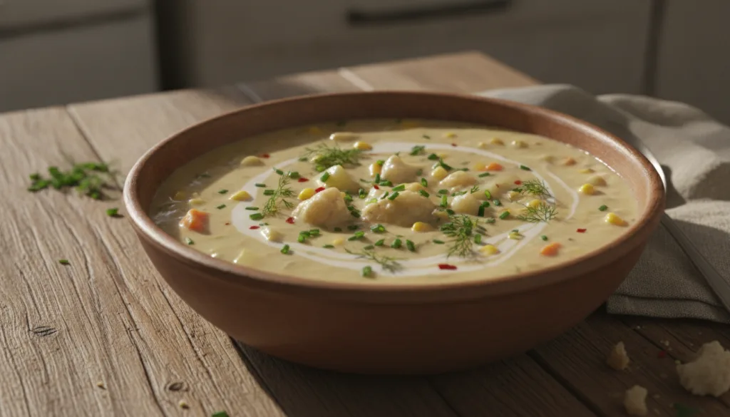 A bowl of creamy vegan chowder with fresh herbs as garnish on a rustic wooden table