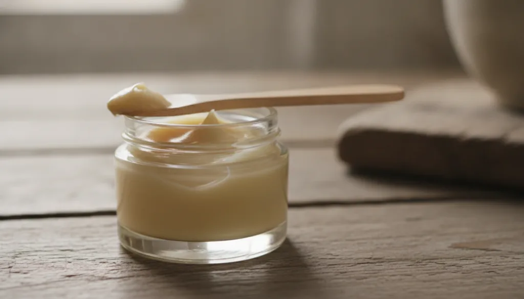 A small clear glass jar filled with a thick white creamy mixture with a tiny wooden spatula resting on its rim set again