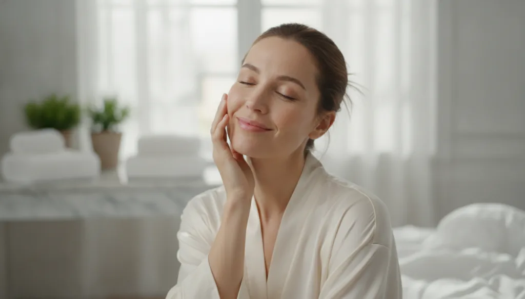 A woman gently touching her smooth glowing cheek smiling slightly in a well-lit bathroom or bedroom showing the effect o