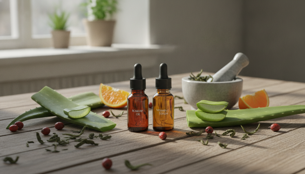 A variety of natural anti-aging ingredients laid out beautifully such as rosehip oil vitamin C serum fresh aloe vera and