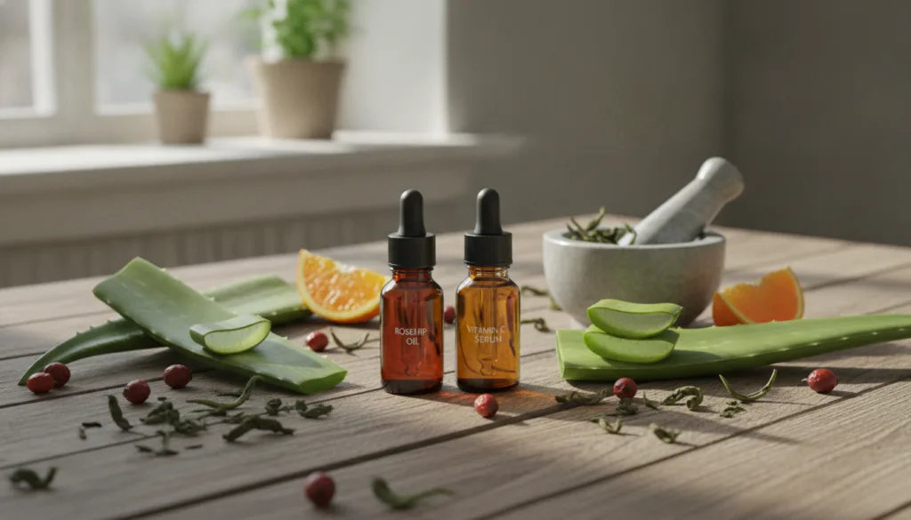 A variety of natural anti-aging ingredients laid out beautifully such as rosehip oil vitamin C serum fresh aloe vera and