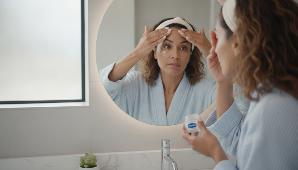 A woman applying Vaseline around her eyes and forehead gently massaging it into her skin with a focus on hydration and s