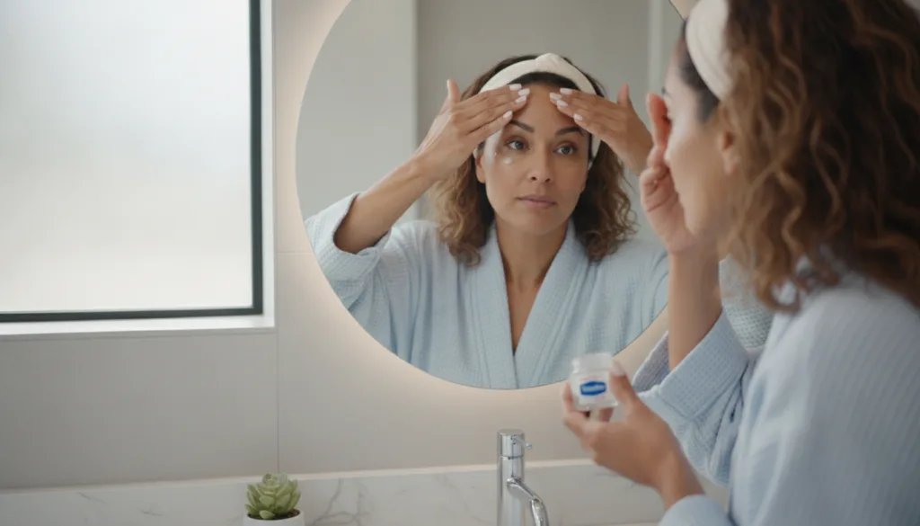 A woman applying Vaseline around her eyes and forehead gently massaging it into her skin with a focus on hydration and s
