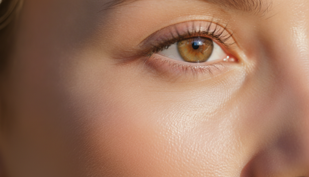 Close-up of a woman s radiant hydrated skin showing a healthy glow with a focus on smooth texture and minimized fine lin