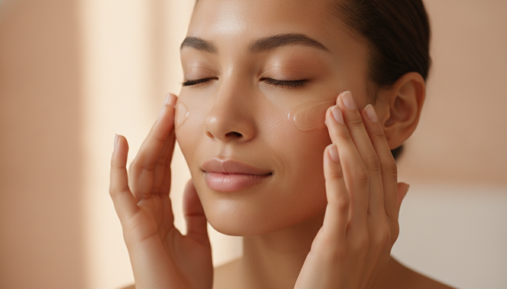 A woman gently massaging a small amount of oil onto her clean face at night with a soft warm glow Her eyes are closed in