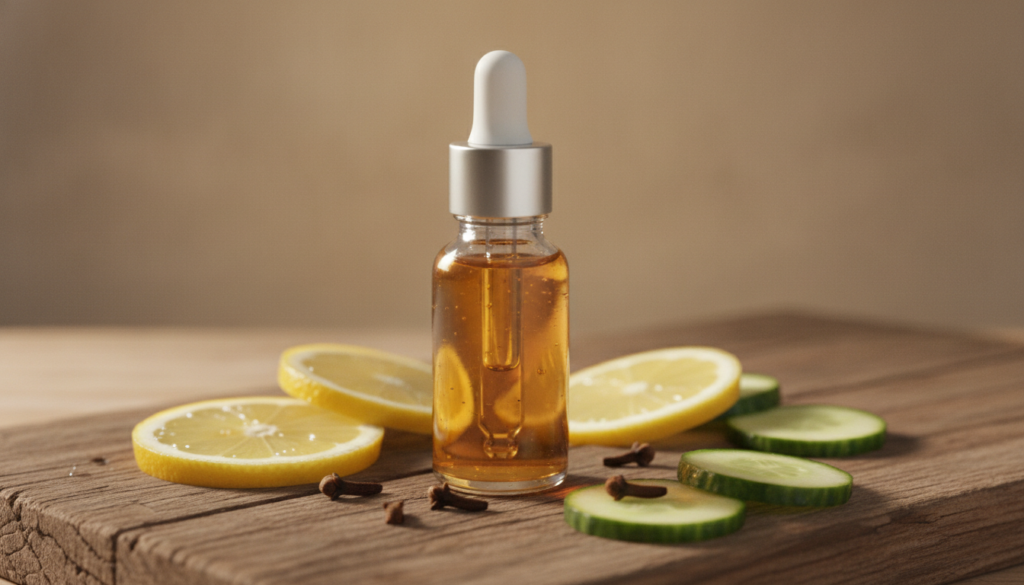 A small clear dropper bottle filled with the golden-hued DIY serum placed on a natural wood surface with a few fresh lem