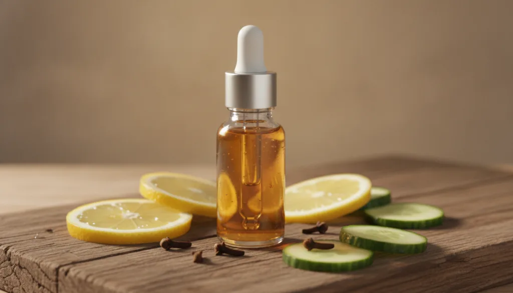 A small clear dropper bottle filled with the golden-hued DIY serum placed on a natural wood surface with a few fresh lem