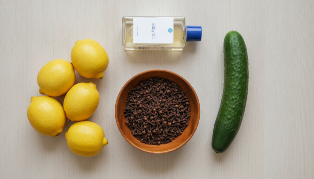 An overhead flat lay of all the ingredients for the serum fresh lemons dried cloves cucumber and a bottle of baby oil ne
