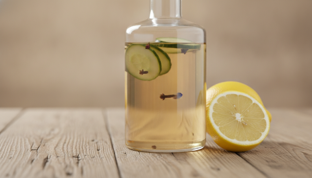 A clear glass bottle filled with a golden oil containing cucumber slices and whole cloves with a yellow lemon half next 