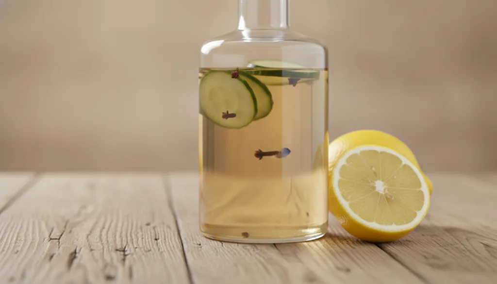 A clear glass bottle filled with a golden oil containing cucumber slices and whole cloves with a yellow lemon half next 