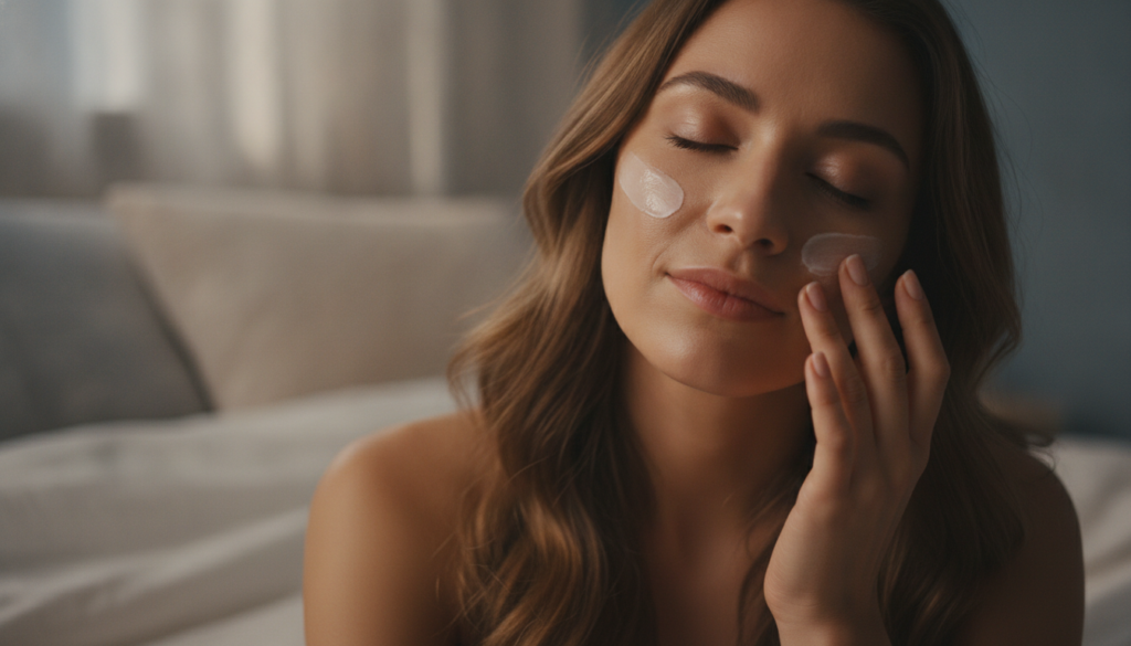 A person gently applying a thin layer of a creamy substance onto their face with soft glowing skin visible in a serene b